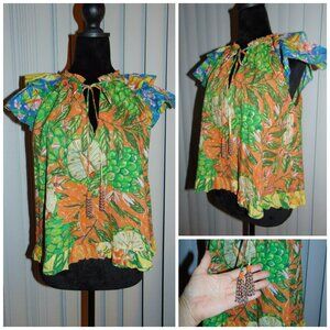 Farm Rio Artichoke Beaded Short-Sleeve Blouse Floral Resort Anthropologie S